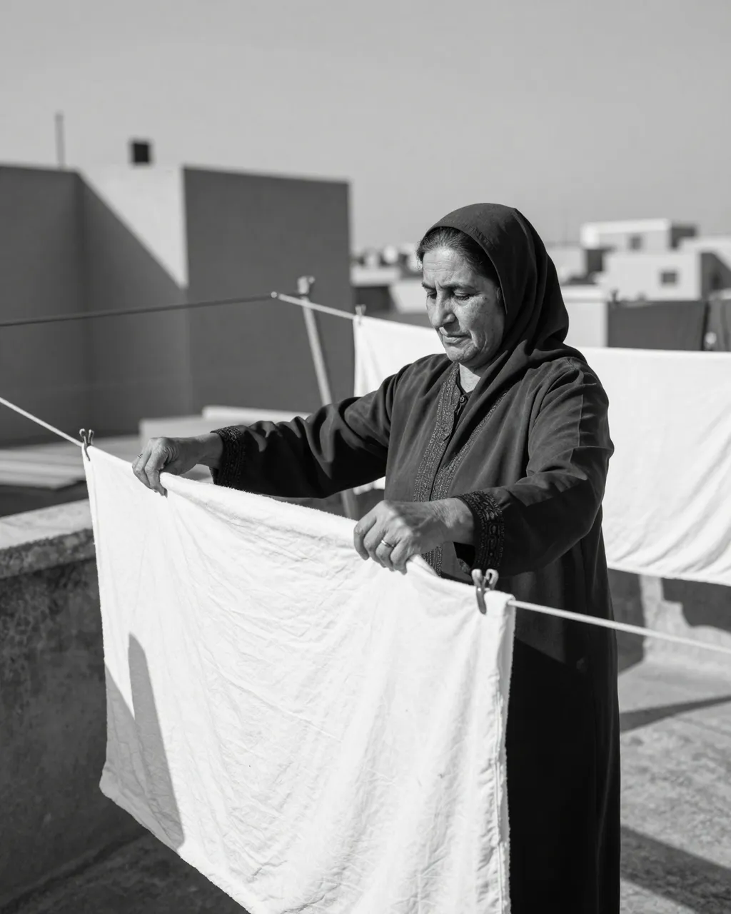 A mature Middle Eastern woman folds white fabric on a sunny urban rooftop between clotheslines