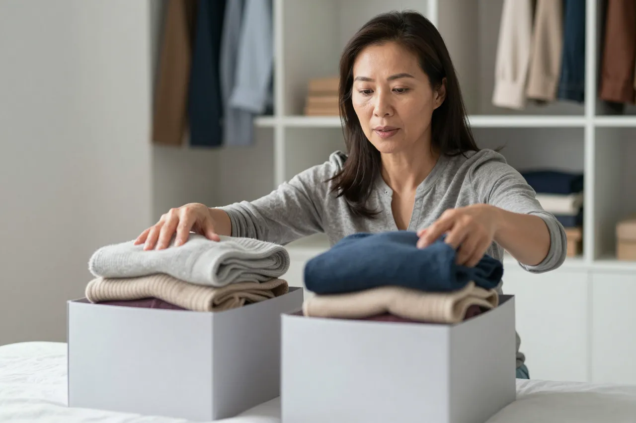 A middle-aged Southeast Asian woman folds knit sweaters into plain storage boxes set on a bed in front of an open closet.