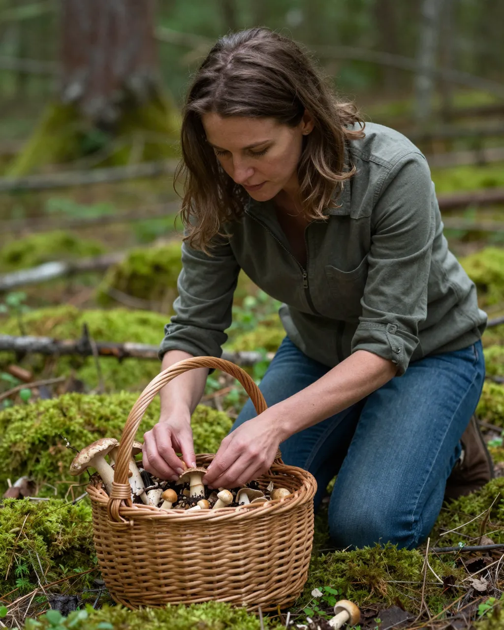 A woman kneels on mossy forest ground placing wild mushrooms into a wicker basket