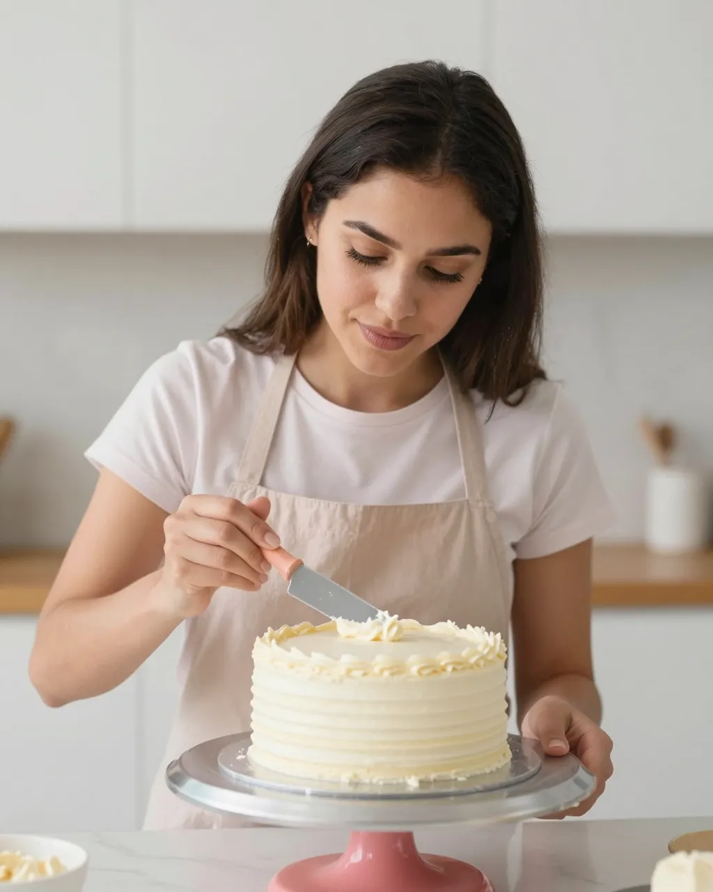 A woman in an apron smooths frosting onto a layer cake with a palette knife in a bright kitchen