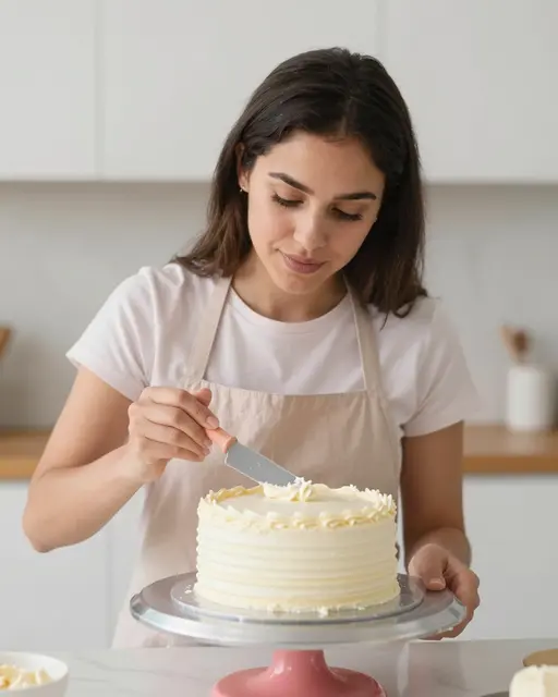 A woman in an apron smooths frosting onto a layer cake with a palette knife in a bright kitchen