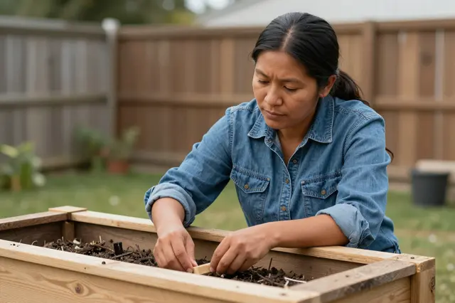 An Indigenous woman in a denim shirt tends a wooden raised planter in a residential backyard
