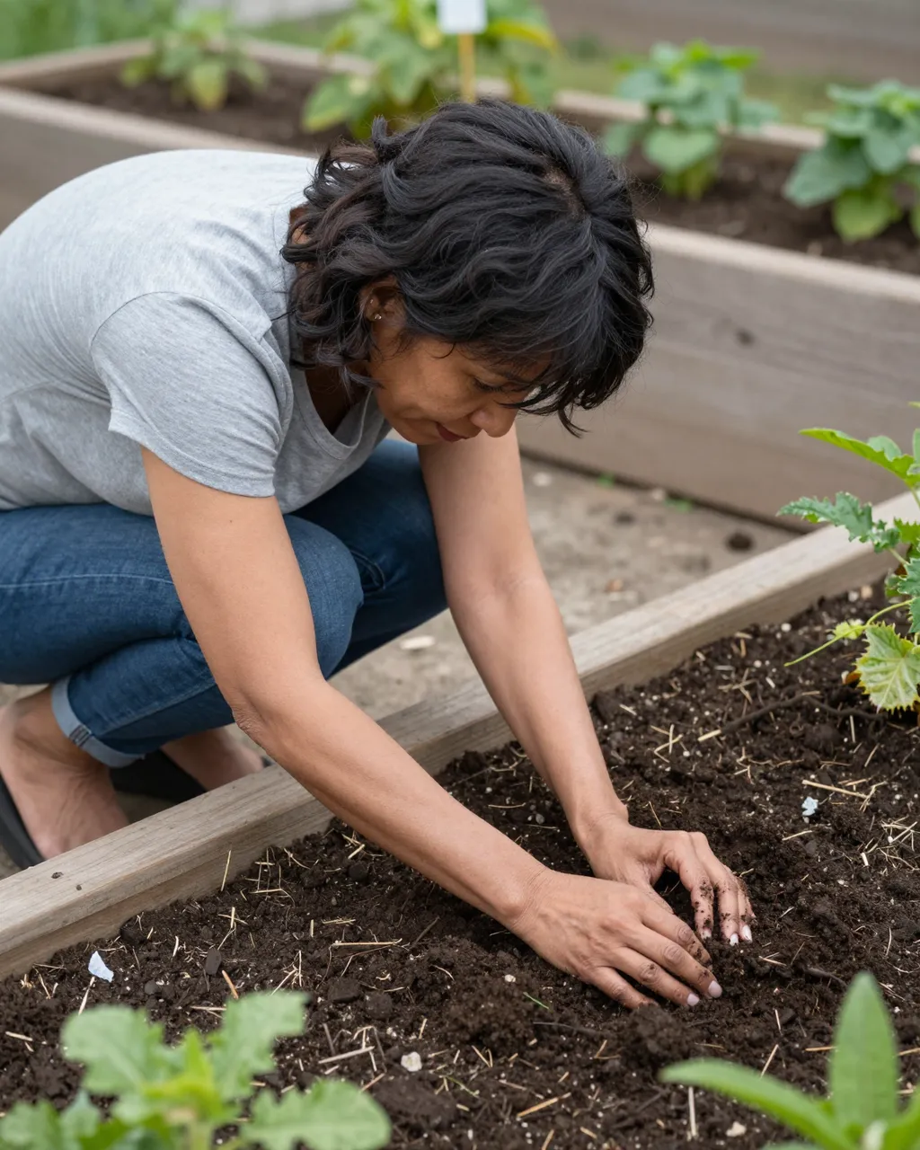 Mixed-race woman in her forties kneels barefoot working soil in a wooden raised garden bed