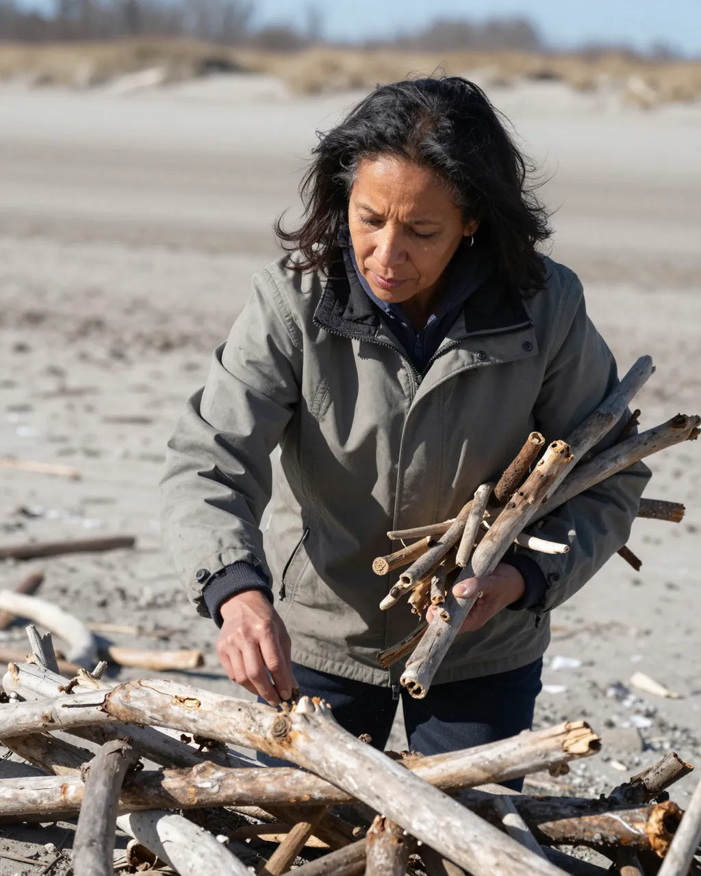 A middle aged mixed race woman collects driftwood while holding a bundle on a sandy winter beach.