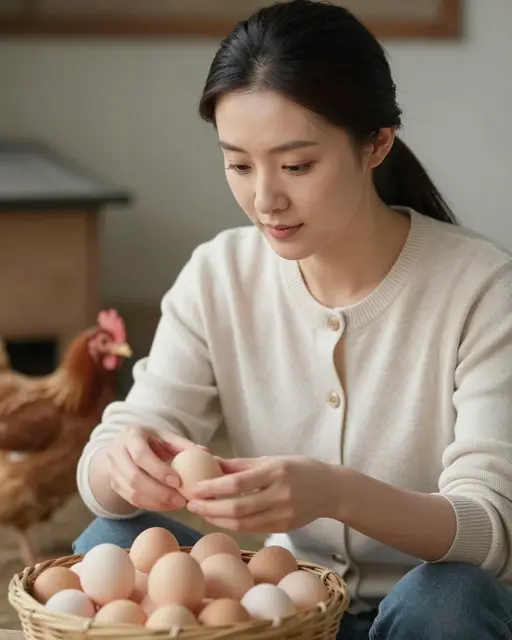 An East Asian woman examines a brown egg beside a wicker basket of collected eggs with a hen in the background