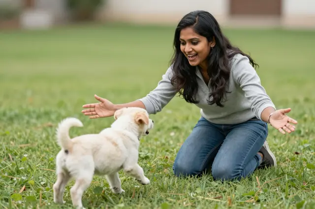 A South Asian woman kneels on grass with open arms as a small puppy runs toward her.