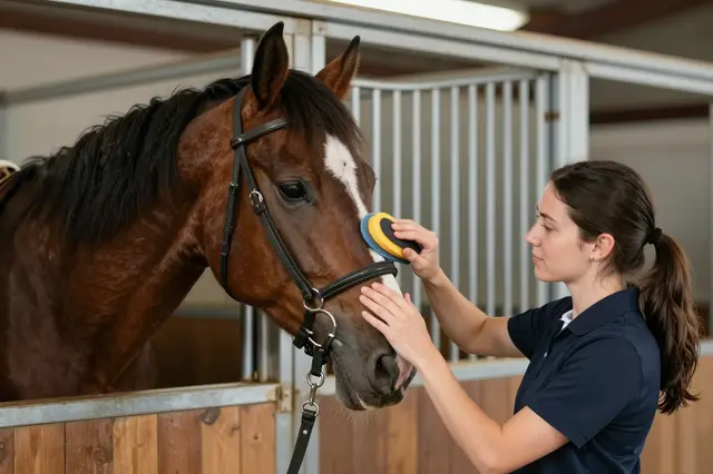 A woman in side view gently brushes the face of a brown horse inside a stable stall