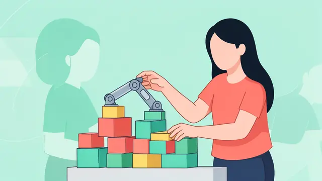 Faceless flat illustration of a woman guiding a small robotic arm arranging colored blocks on a table