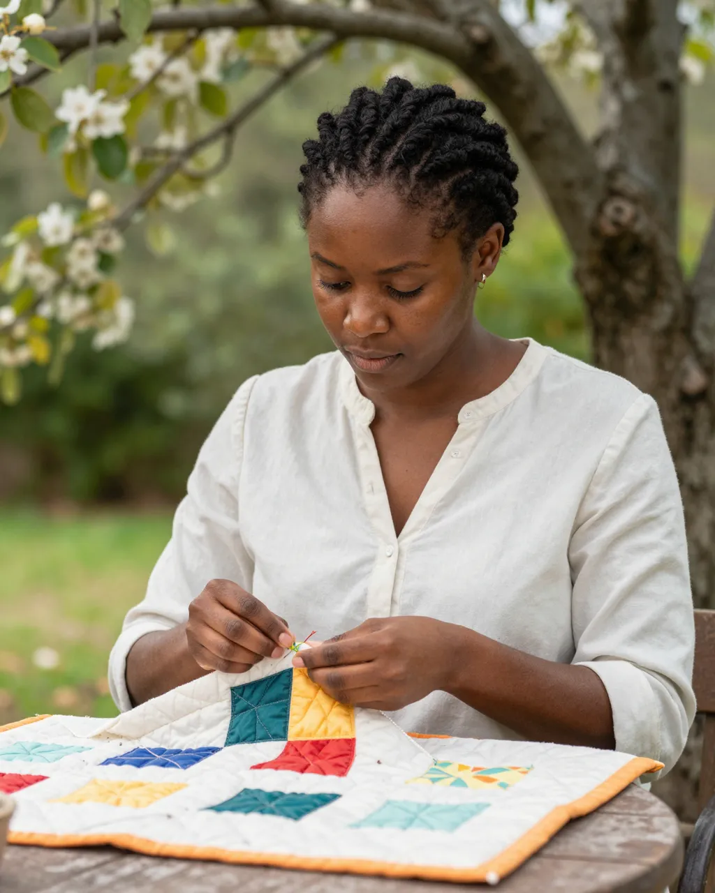 A Black woman stitches a colorful quilt block while seated at a garden table under a flowering tree