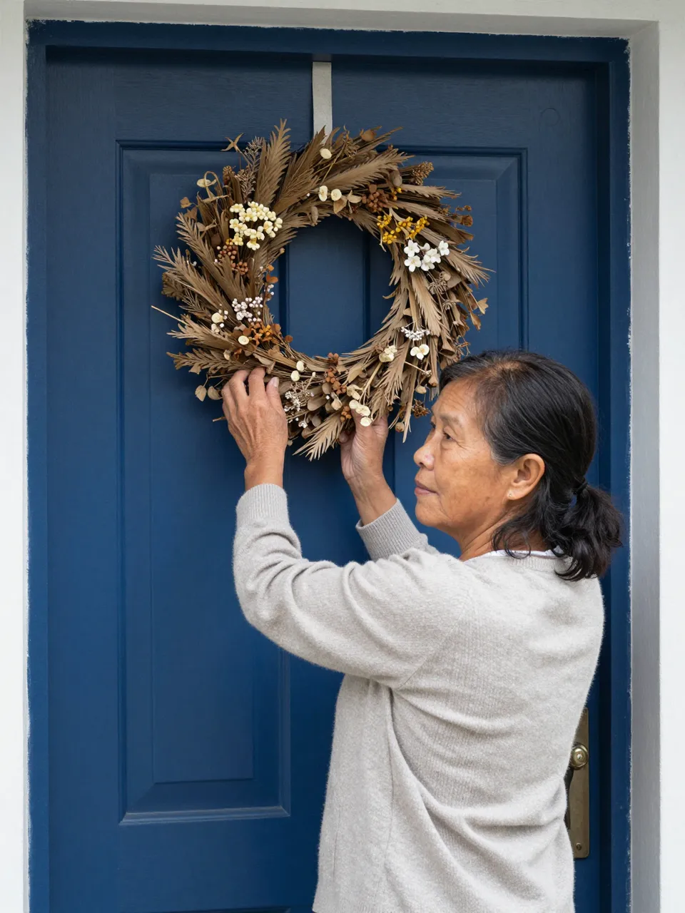 A senior Southeast Asian woman adjusts a dried flower wreath on a dark blue front door.