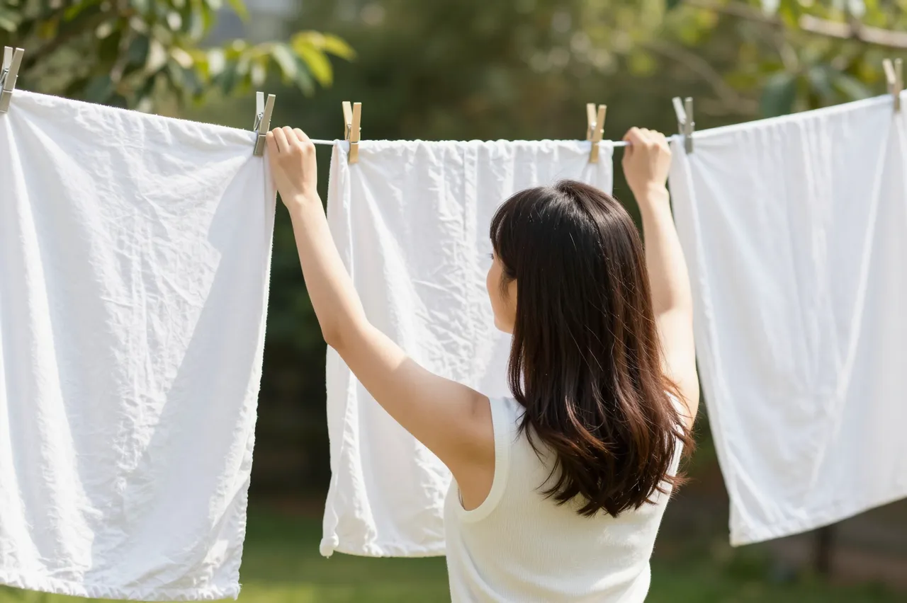 A woman viewed from behind hangs white linens on a clothesline in a sunny garden.