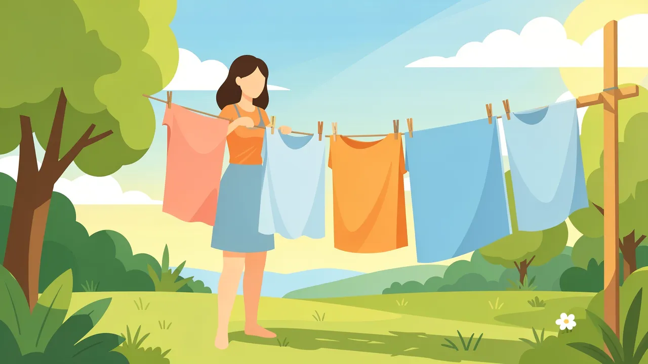 Faceless woman hangs clean laundry on a clothesline in a sunny green yard