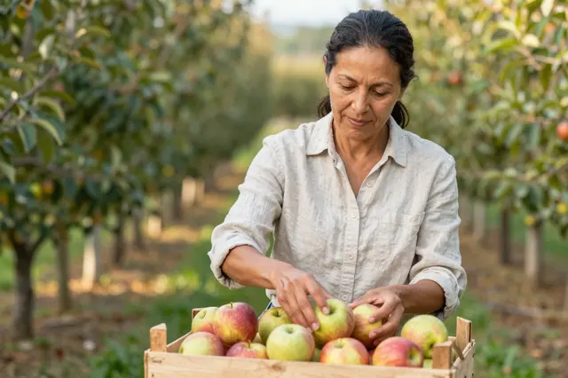 A mixed-race woman in a linen shirt arranges apples in a wooden crate in a sunlit orchard row