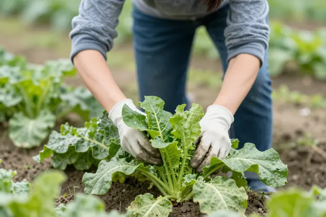 Gloved woman tends to leafy green vegetable plants growing in a garden bed