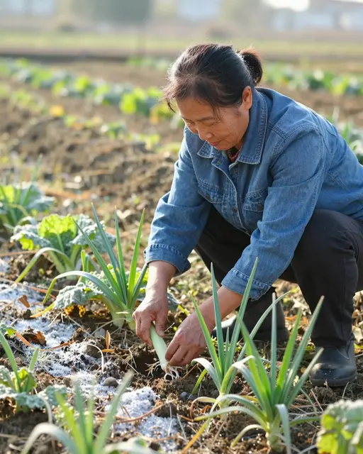 A mature Southeast Asian woman crouches to pull leeks from frosty garden soil in low warm sunlight.