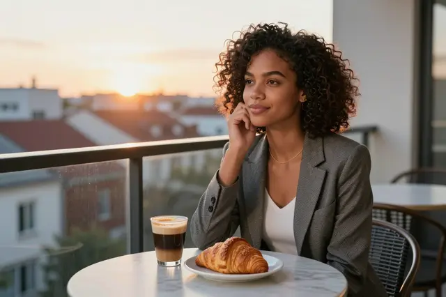 Mixed race woman sits at a small balcony table with coffee and a croissant as the sun rises over city rooftops