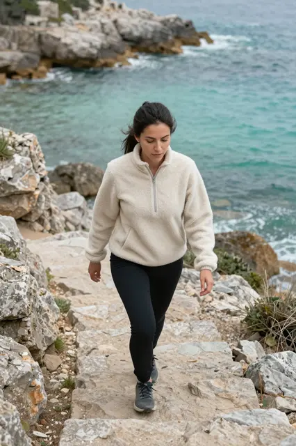 Woman in a fleece jacket climbs stone coastal steps next to turquoise ocean cove