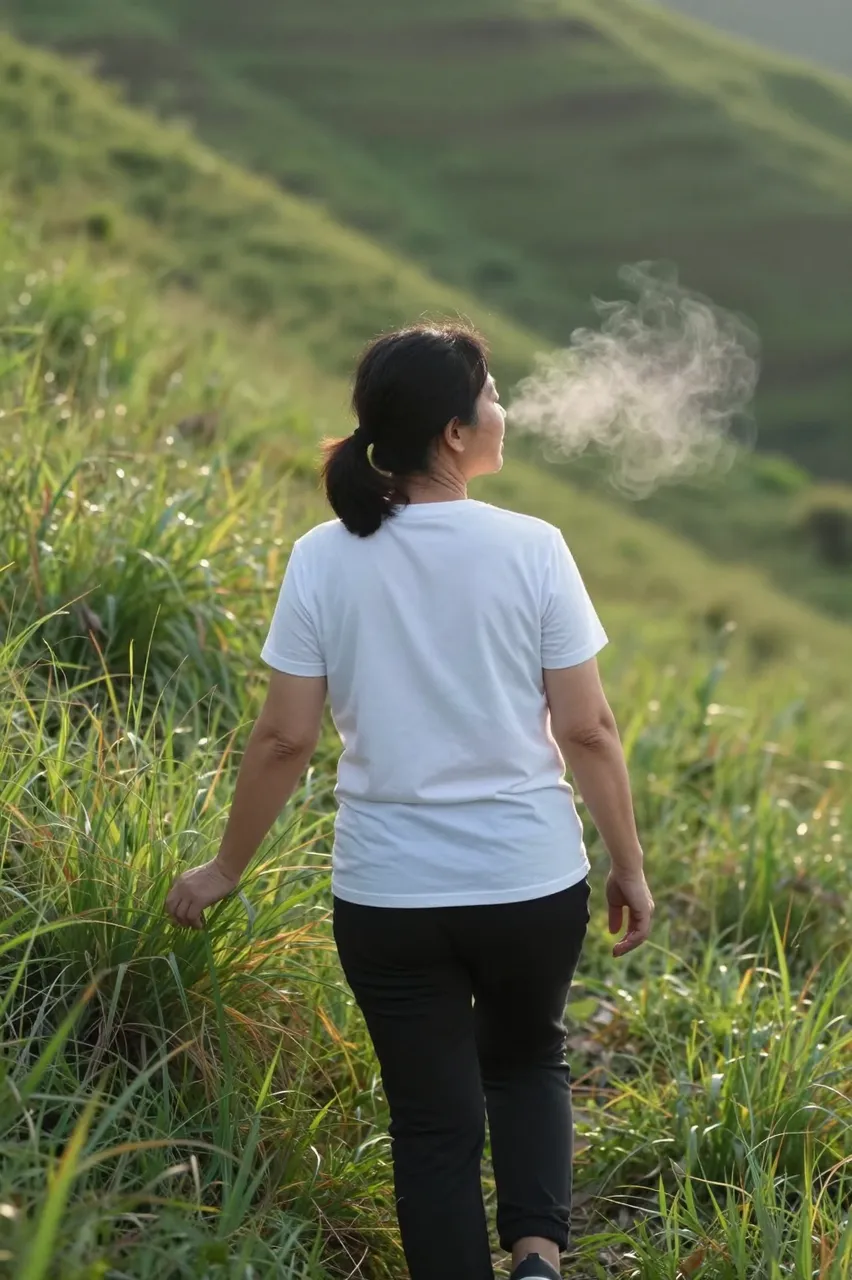Seen from behind, a middle aged woman walks up a grassy hill with visible exhaled breath in cool morning air