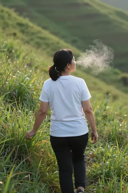 Seen from behind, a middle aged woman walks up a grassy hill with visible exhaled breath in cool morning air