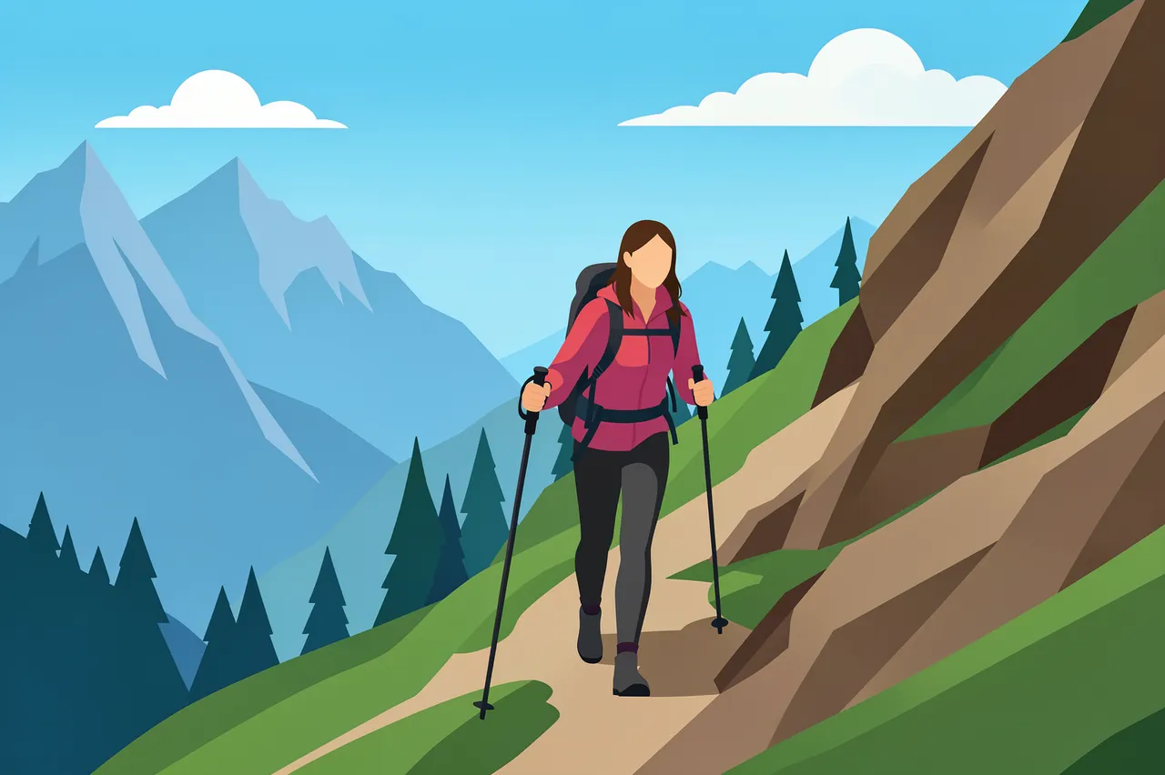 Faceless female hiker with trekking poles walks up a steep mountain trail under a bright blue sky