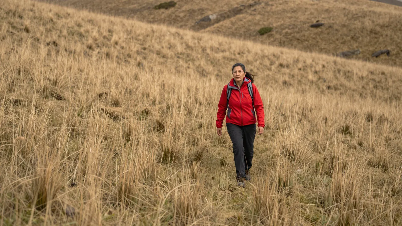 A middle-aged woman in a red jacket hikes across a sloped plateau of dry tawny grass