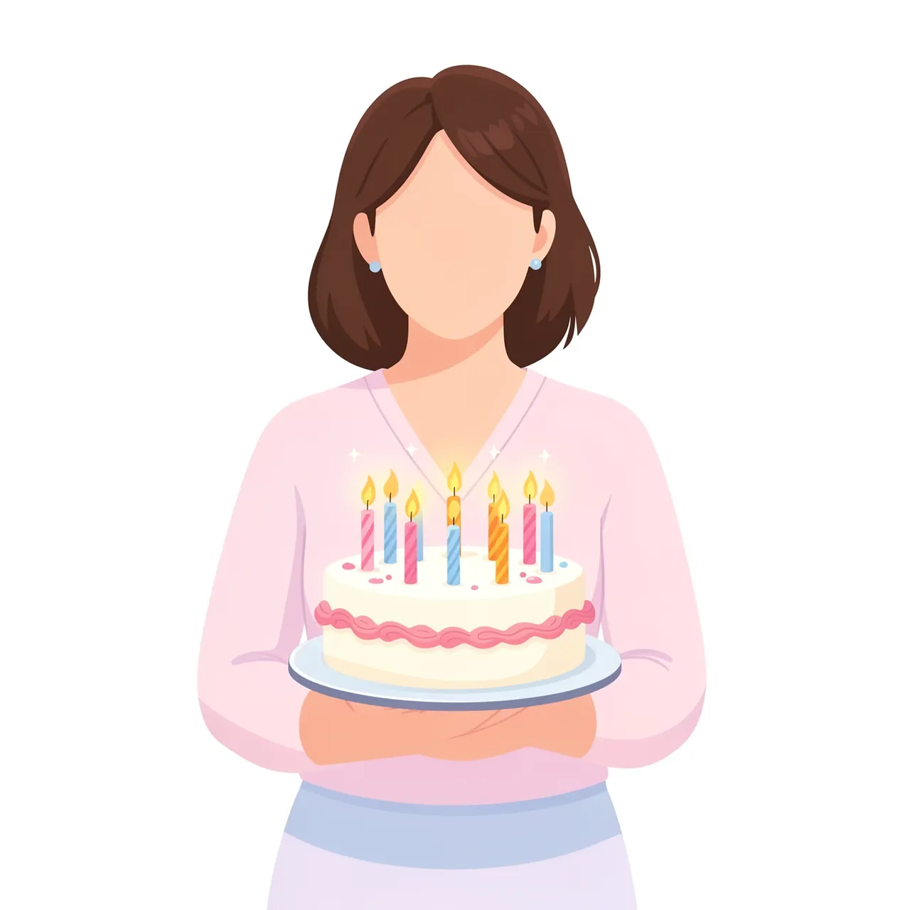 Faceless middle aged woman holds a decorated birthday cake with lit candles on a plain white background