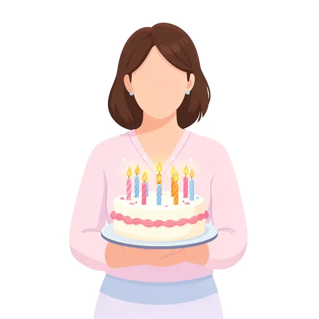 Faceless middle aged woman holds a decorated birthday cake with lit candles on a plain white background