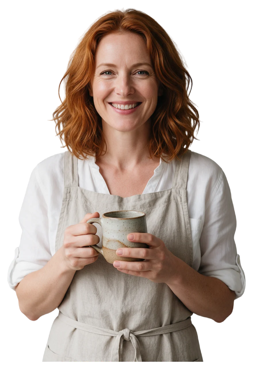 Smiling woman with auburn hair wears a linen apron while holding a speckled ceramic mug