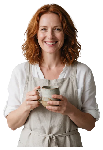 Smiling woman with auburn hair wears a linen apron while holding a speckled ceramic mug
