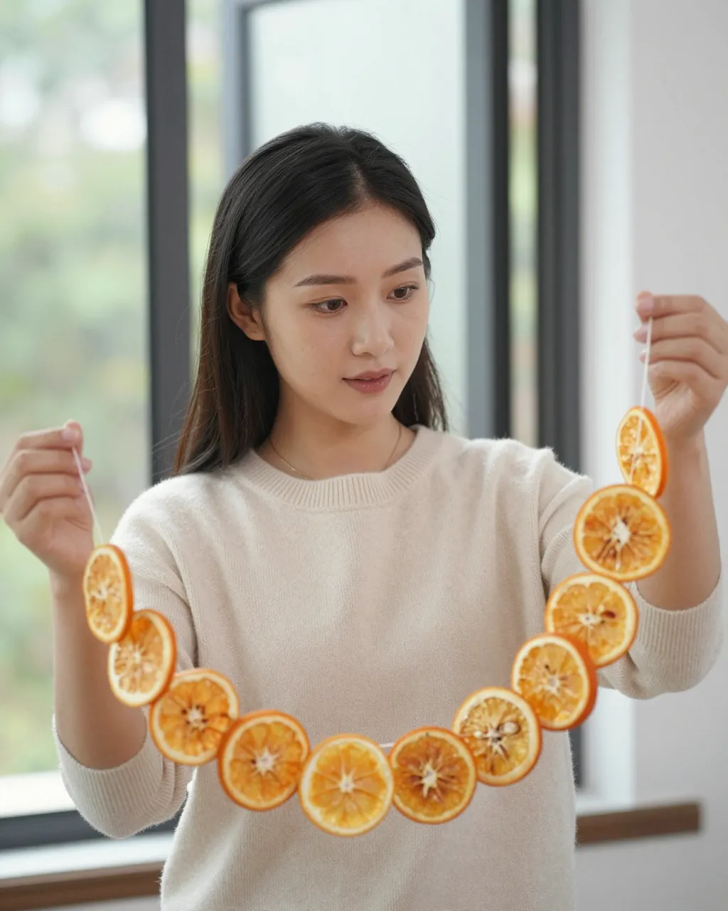 A Southeast Asian woman in a cream sweater holds up a homemade dried orange slice garland by a bright window.