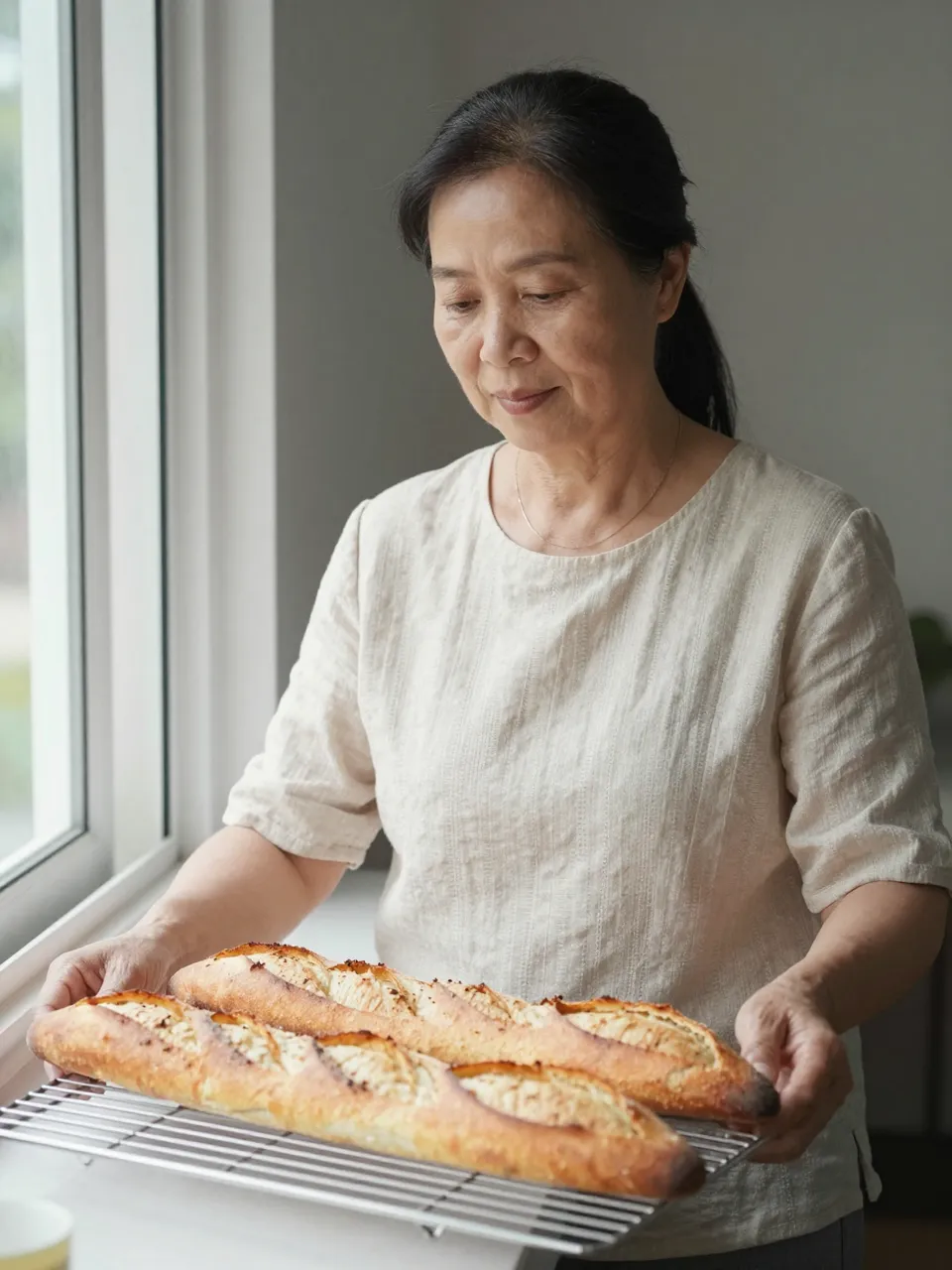 Mature Southeast Asian woman holds a wire rack of warm baked baguettes beside an open window
