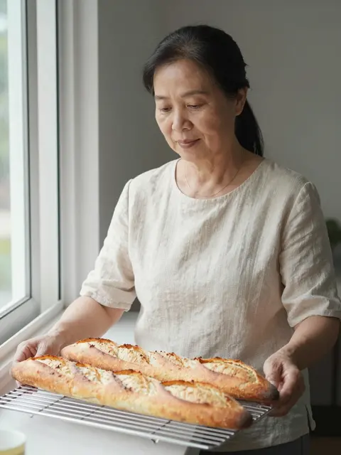 Mature Southeast Asian woman holds a wire rack of warm baked baguettes beside an open window