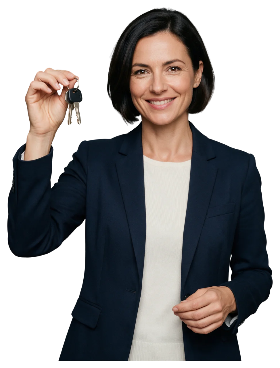 Confident middle aged woman smiling while holding up a set of house keys