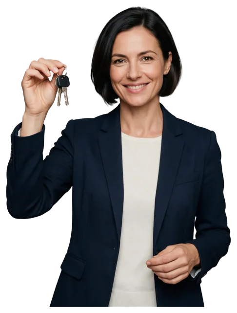 Confident middle aged woman smiling while holding up a set of house keys