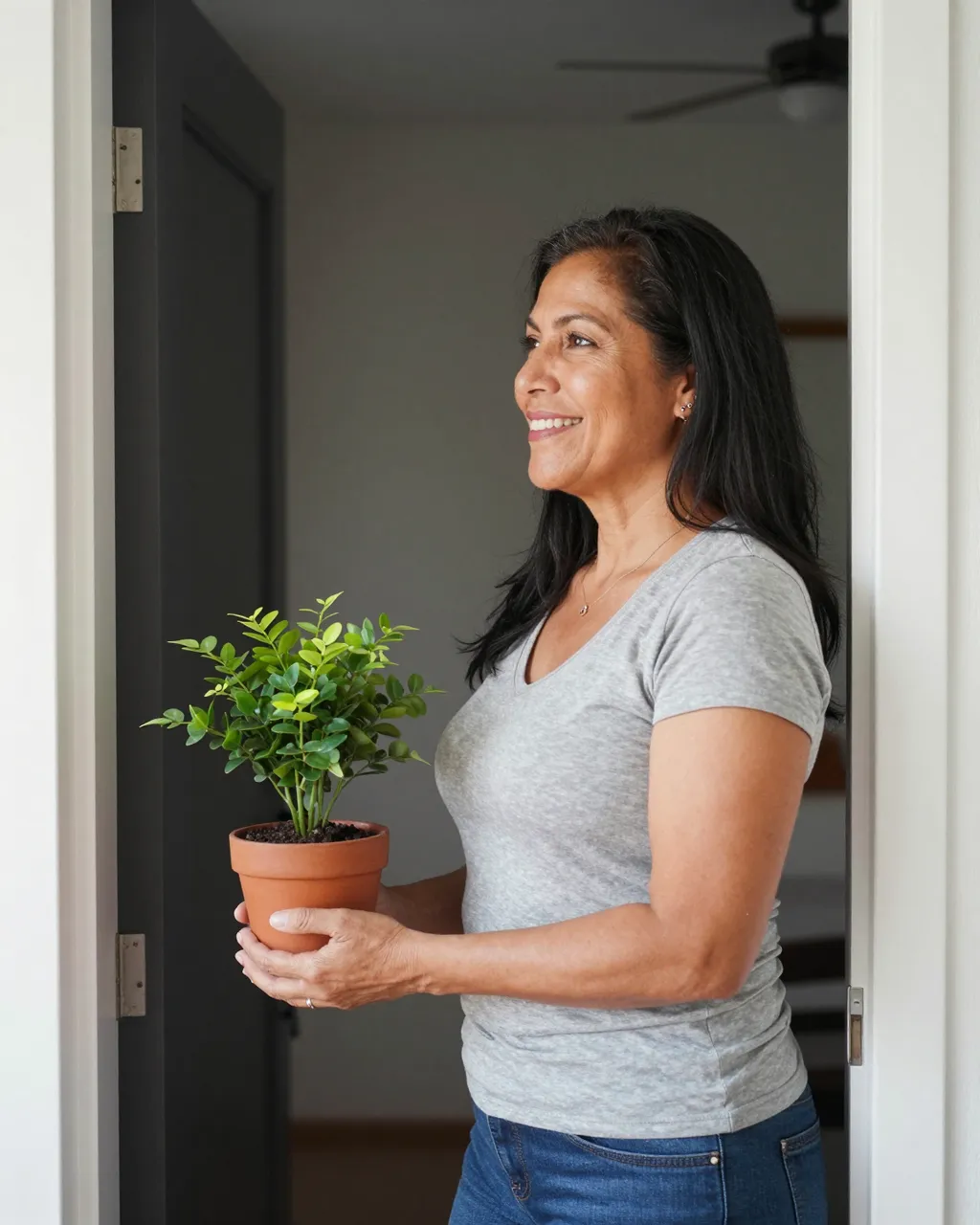 Smiling middle aged Latina woman in side view holds a small potted houseplant in a home doorway