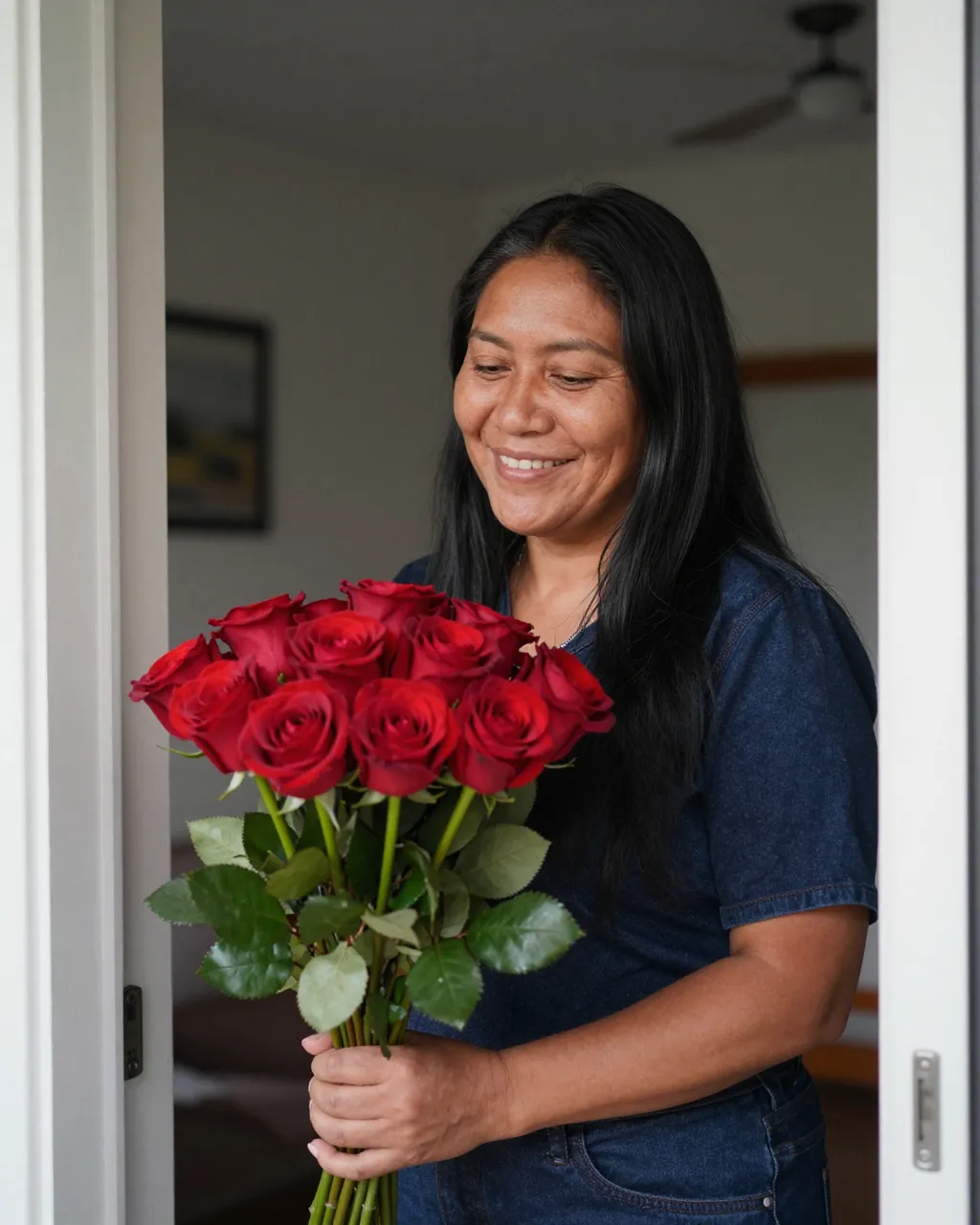 A smiling Indigenous woman holds a bouquet of red roses standing in an apartment doorway.