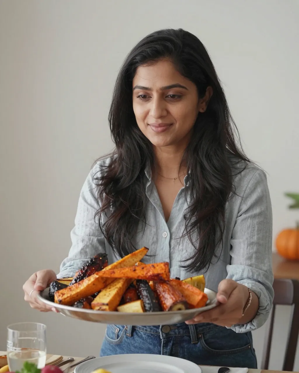 South Asian woman in her thirties holds a platter of roasted root vegetables over a Thanksgiving dining table