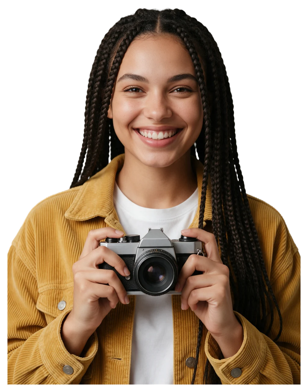 Smiling young woman with long dark braids holds a vintage film camera at chest height