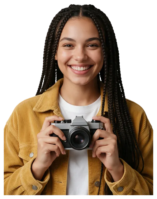 Smiling young woman with long dark braids holds a vintage film camera at chest height