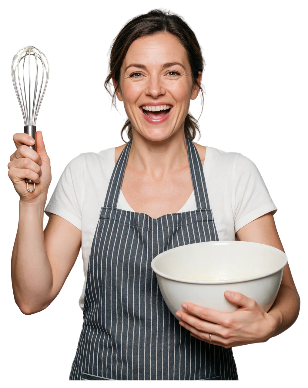 Cheerful woman in a striped apron holds a whisk and a mixing bowl while smiling broadly.
