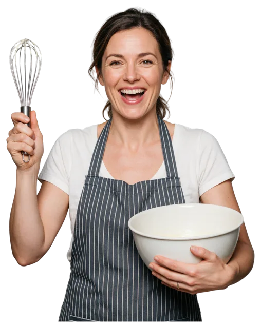 Cheerful woman in a striped apron holds a whisk and a mixing bowl while smiling broadly.