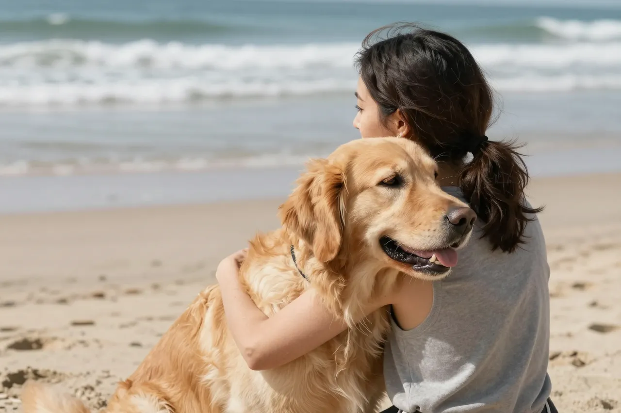 A woman sits on a sandy beach hugging a golden retriever while looking out at ocean waves