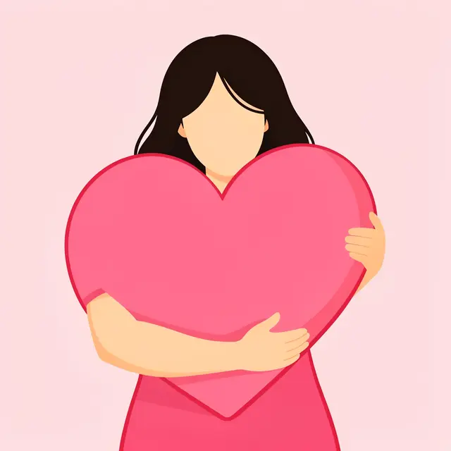 Faceless illustrated woman holds a large pink heart cushion against a light pink background