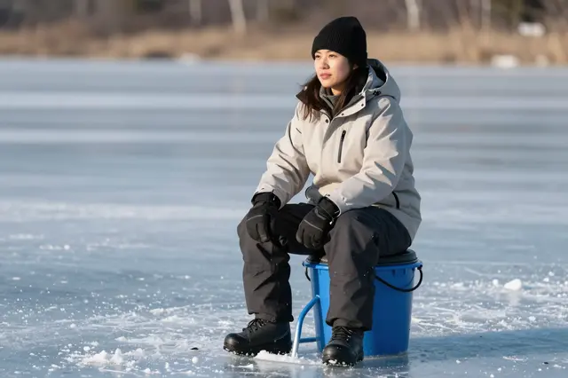 A woman in winter cold-weather clothing sits on a blue bucket ice fishing on a frozen lake surface
