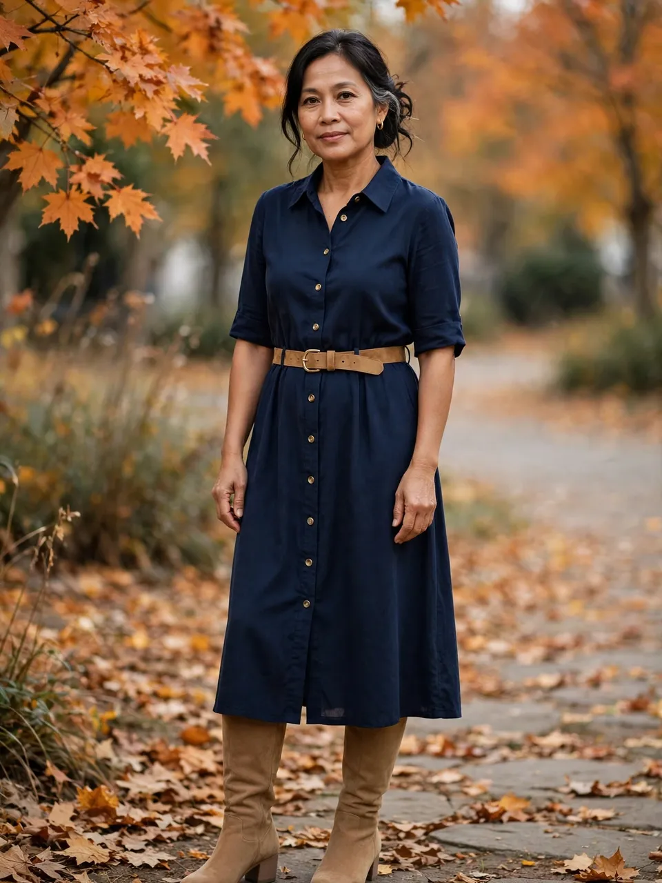 A middle aged Southeast Asian woman stands on a leaf strewn park path in fall attire