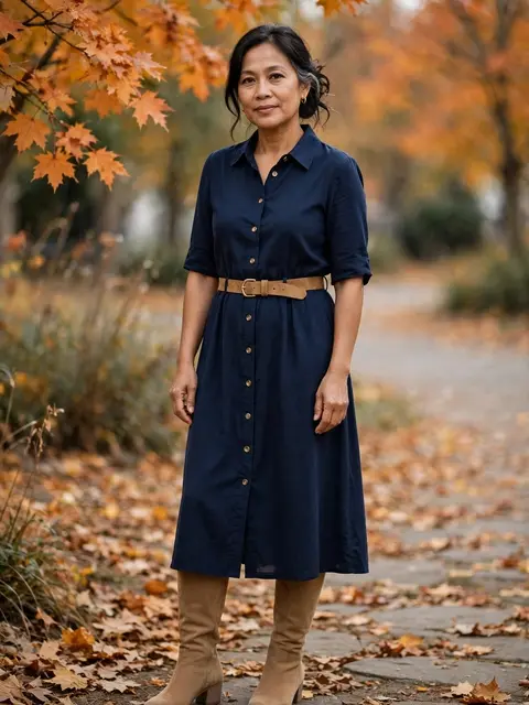 A middle aged Southeast Asian woman stands on a leaf strewn park path in fall attire