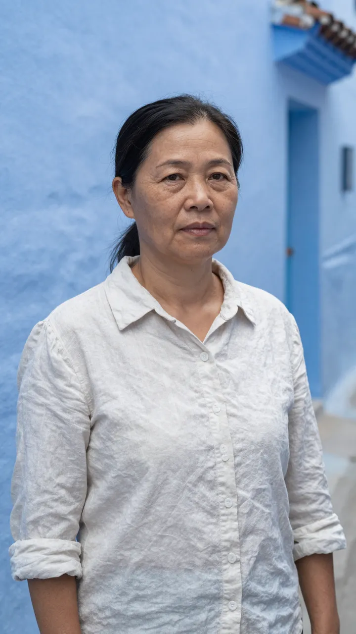 Middle-aged East Asian woman in a linen shirt stands in a narrow lane with pale blue painted walls