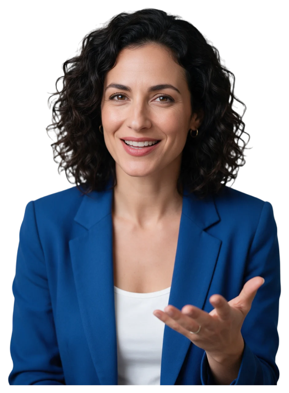 Confident woman in her thirties smiles while gesturing with one open hand