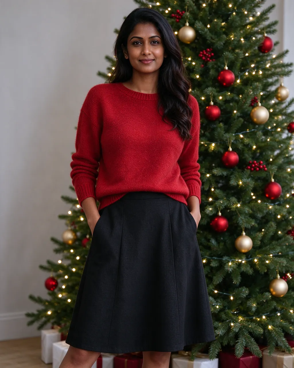South Asian woman in a red sweater and black midi skirt stands with hands in pockets next to a decorated Christmas tree.