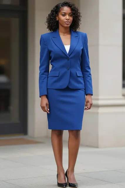 Black woman in a cobalt blue 80s-style skirt suit stands outside a stone building